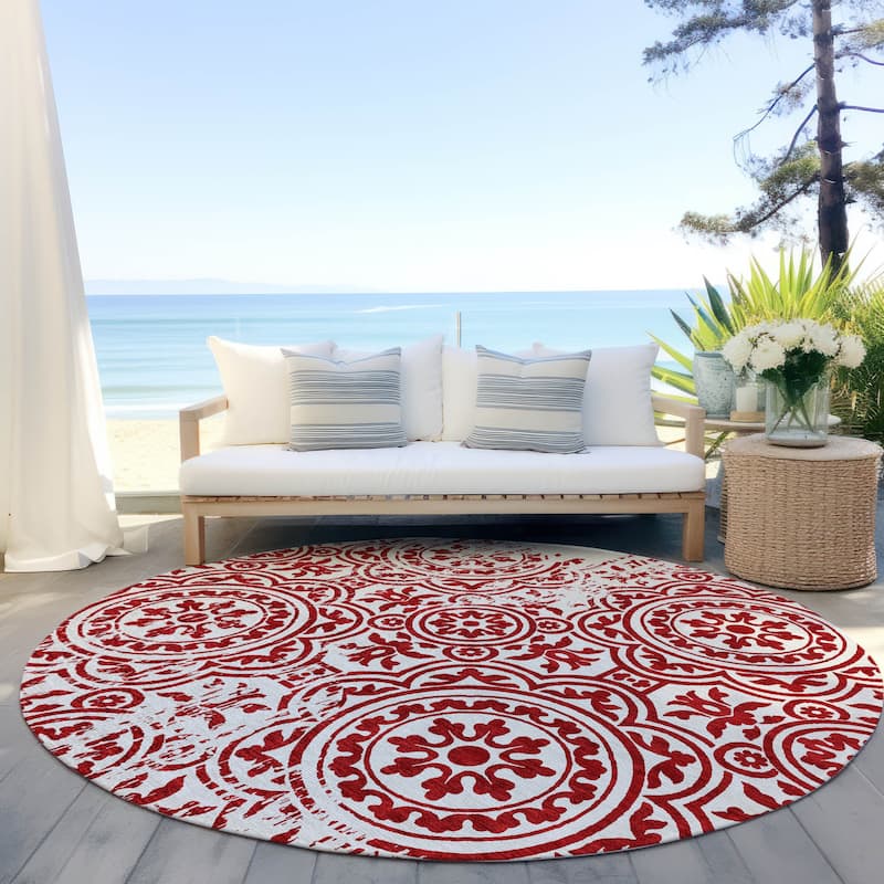 Machine Washable Indoor/ Outdoor Chantille Suzani Vintage Rug - Red - 8' x 8'
