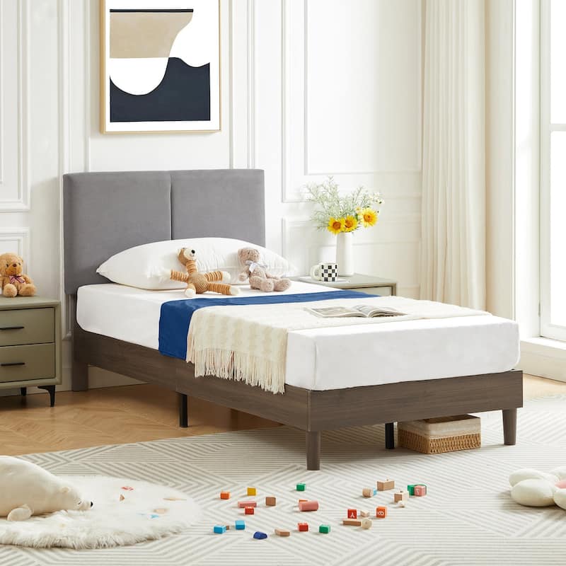 VECELO Upholstered Platform Bed Frame with Adjustable Headboard, Solid Wood Slats, No Box Spring Needed, Twin/Full/Queen Size