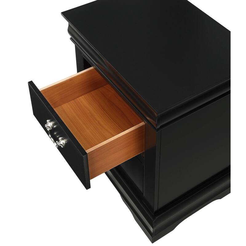 Black Two-Drawer Solid Wood Nightstand with Nickel Finish