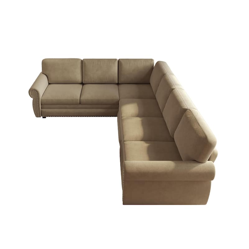 L-Shaped Sectional Sofa with Pull-Out Bed, Oversize Convertible Sleeper Sofa with Rolled Arms, Chenille Upholstery