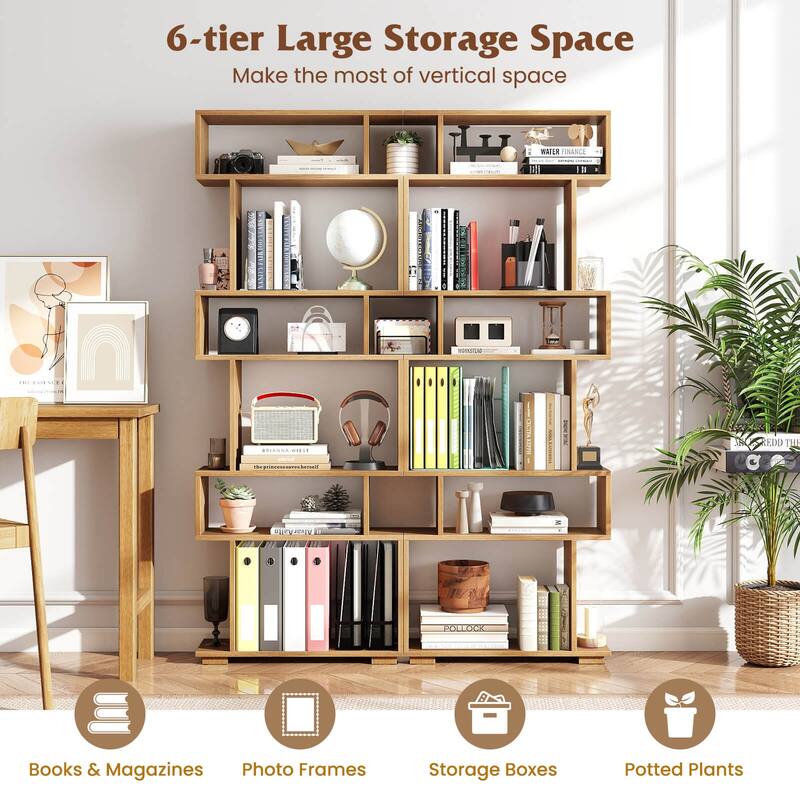 Costway 6-tier Storage Bookshelf S-shaped Geometric Bookcase with - See Details