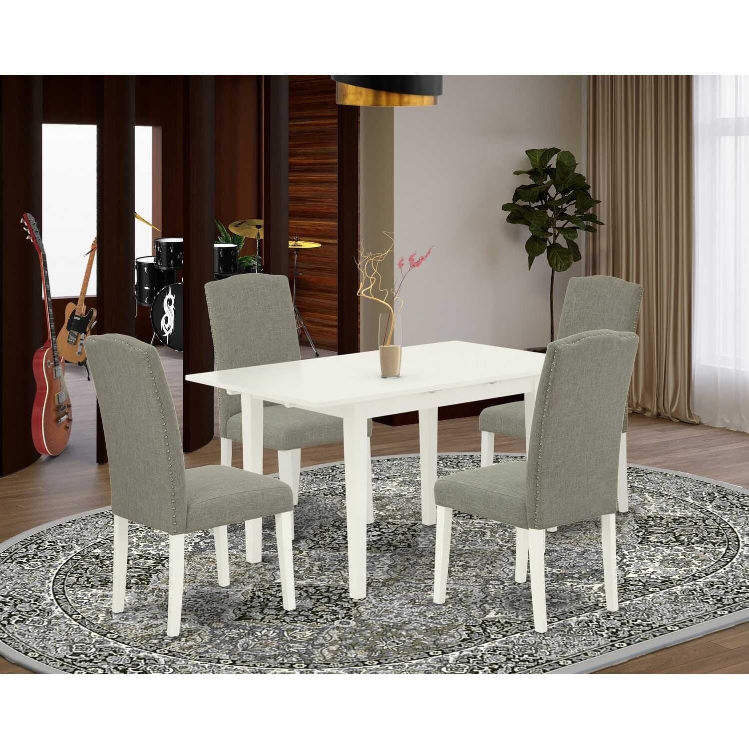 HomeStock 5-Pc Linen White Finish Solid Wood Top - Rectangular Upholstered Dining Room Set with Butterfly Leaf - Seats 4