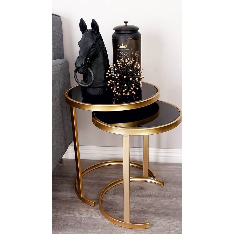 Metal Round Nesting Accent Table with Mirrored Glass Top - Set of 3 Gold or Silver - Roche River Decor