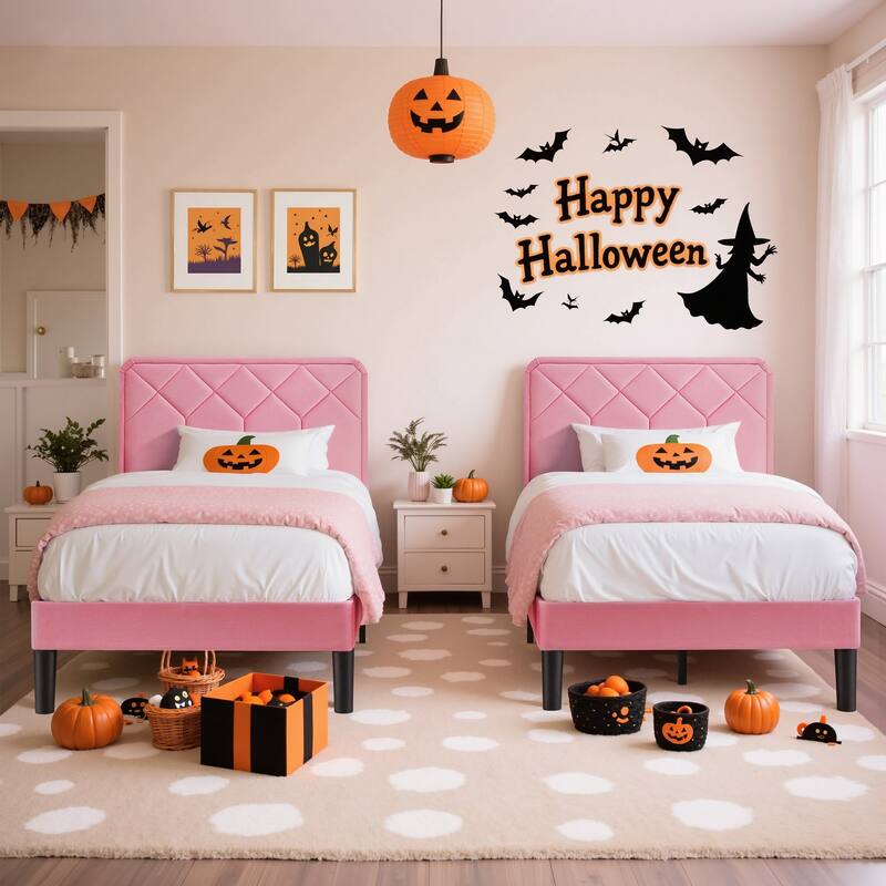 2 Pack Twin Size Kids Bed Frame Height Adjustable Diamond Pattern Upholstered Headboard Bed Twin Size Bed Set of 2 - Pink