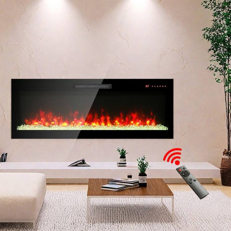 41.3/50/60 in. Wall Mount Recessed Electric Fireplaces in Black, Tempered Glass, Flame Effect, Multi-Color, Remote,1400-1500W