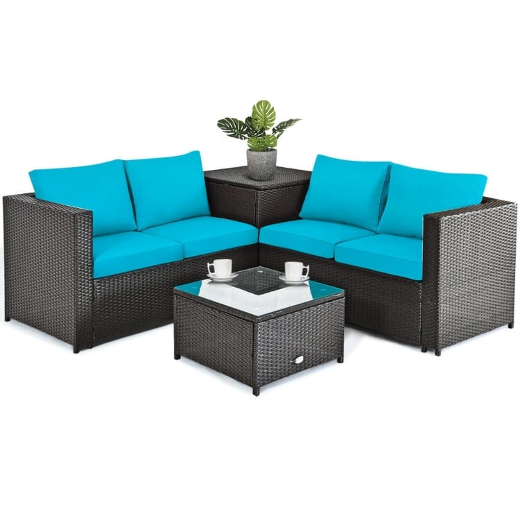 4 Pieces Outdoor Patio Rattan Furniture Set with Cushioned Loveseat and Storage Box - 47.5" x 26" x 26" (L x W x H)