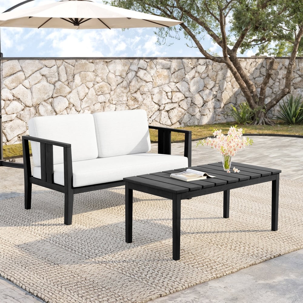 Teak Wood Water Resistant Outdoor Loveseat and Coffee Table Set (Set of 2)