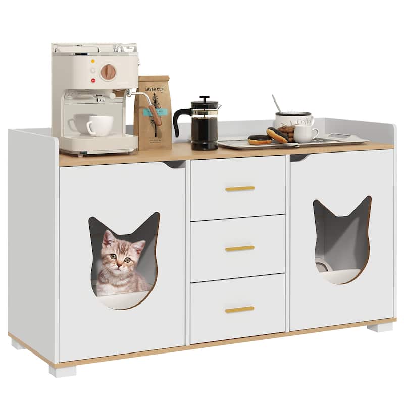 55"L Cat Litter Box Enclosure Storage Cabinet with Double Room - White