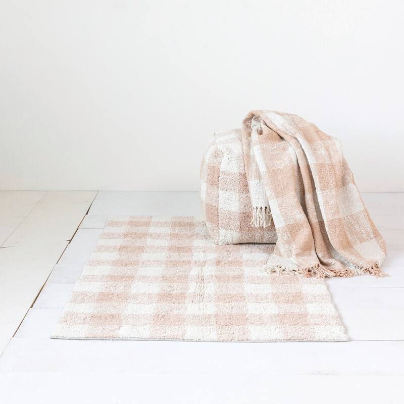Cotton Tufted Pouf with Plaid Pattern