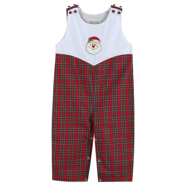 slide 2 of 4, Red Christmas Plaid Santa Yoke Overalls