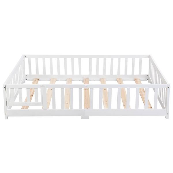 slide 2 of 8, Queen Size Wooden Floor Bed with Door & Fence for Children, White White