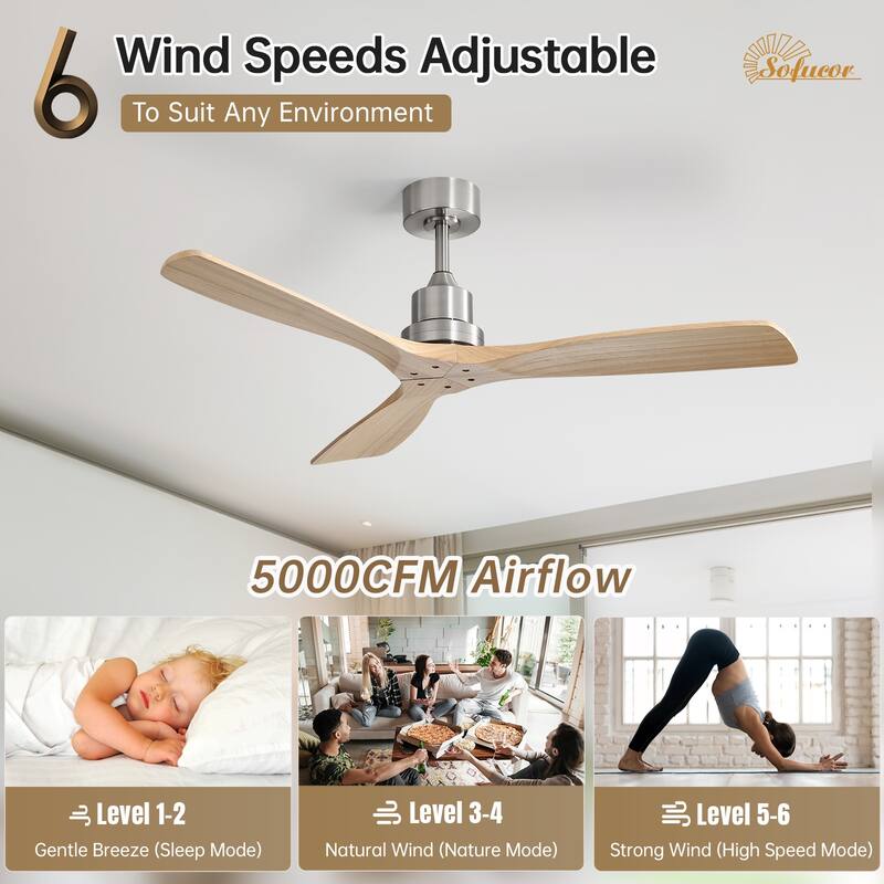 Sofucor 48/52 Inch Ceiling Fan with Light, Solid Wood Blades for Living Room, Bedroom,Smart Optional