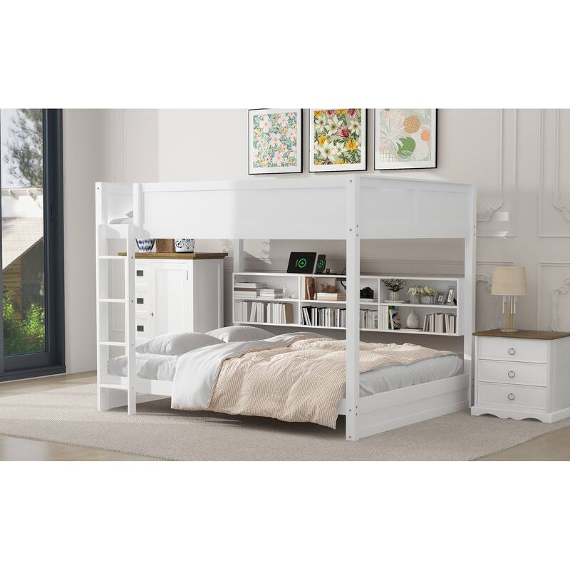 Queen Over Queen Bunk Bed with Storage Cabinets, USB Ports, and White Finish