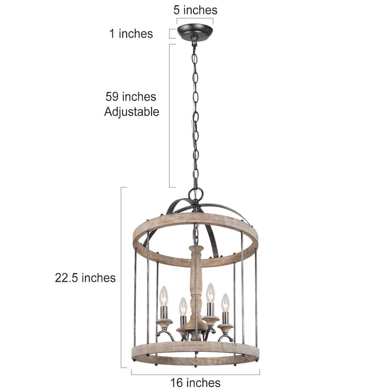 Modern Farmhouse 4-Light Wood Chandelier Cage Pendant Lights for Dining Room - D16" x H22.5"