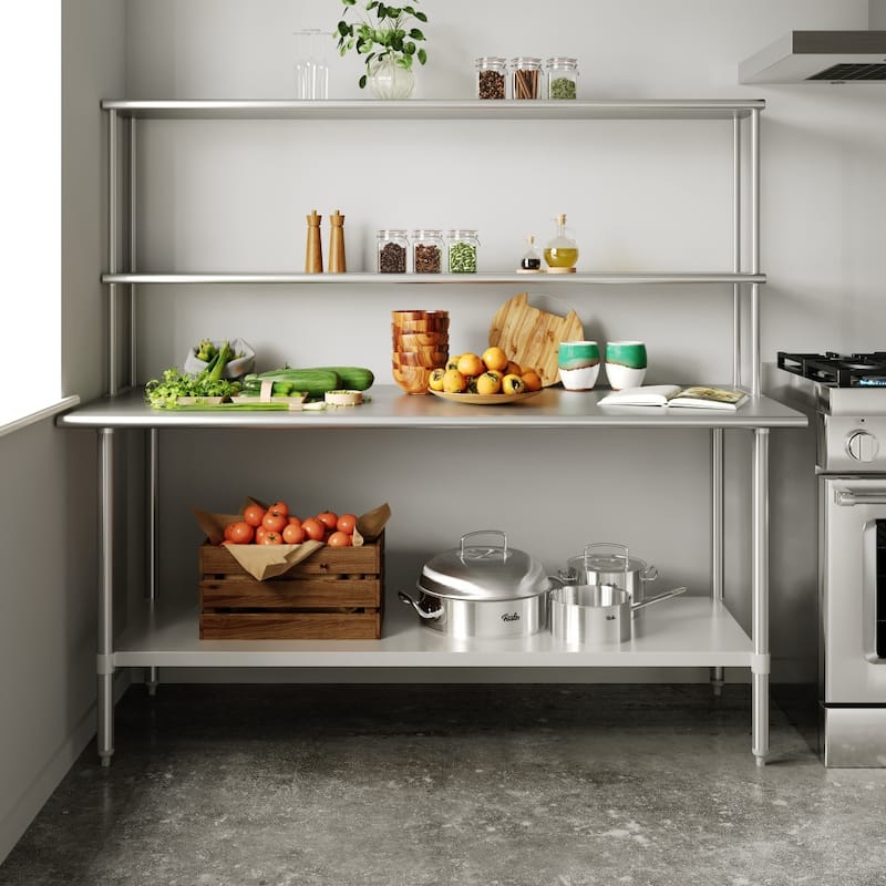 Commercial Stainless Steel Worktable with 2 Overshelves and 1 Undershef