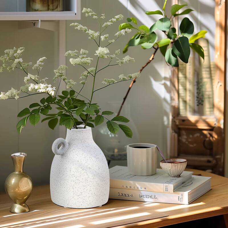 White and Black Speckled Ceramic Round Vase (Single)