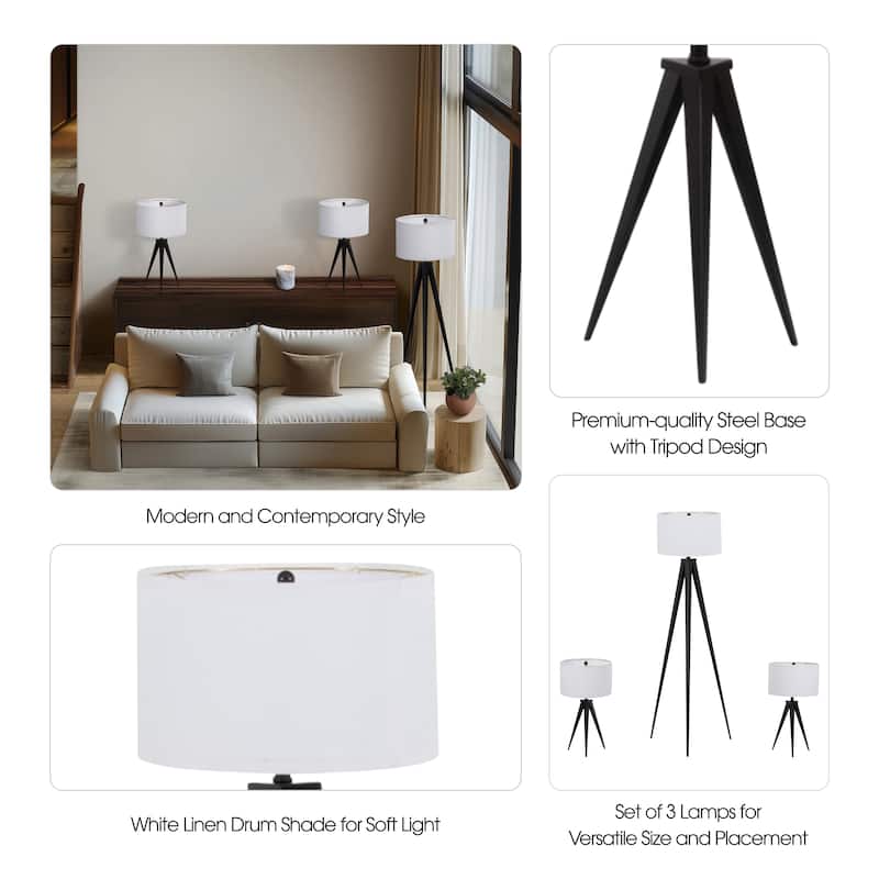 Sagebrook Home Black Modern Set of Three Metal Table & Floor Tripod Lamps - 16" x 16" x 60"
