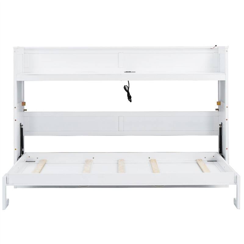 Twin XL Size Murphy Bed with Desk and LED Light, Wooden Murphy Wall Bed with USB Charging Station, Foldable Murphy Bed Cabinet