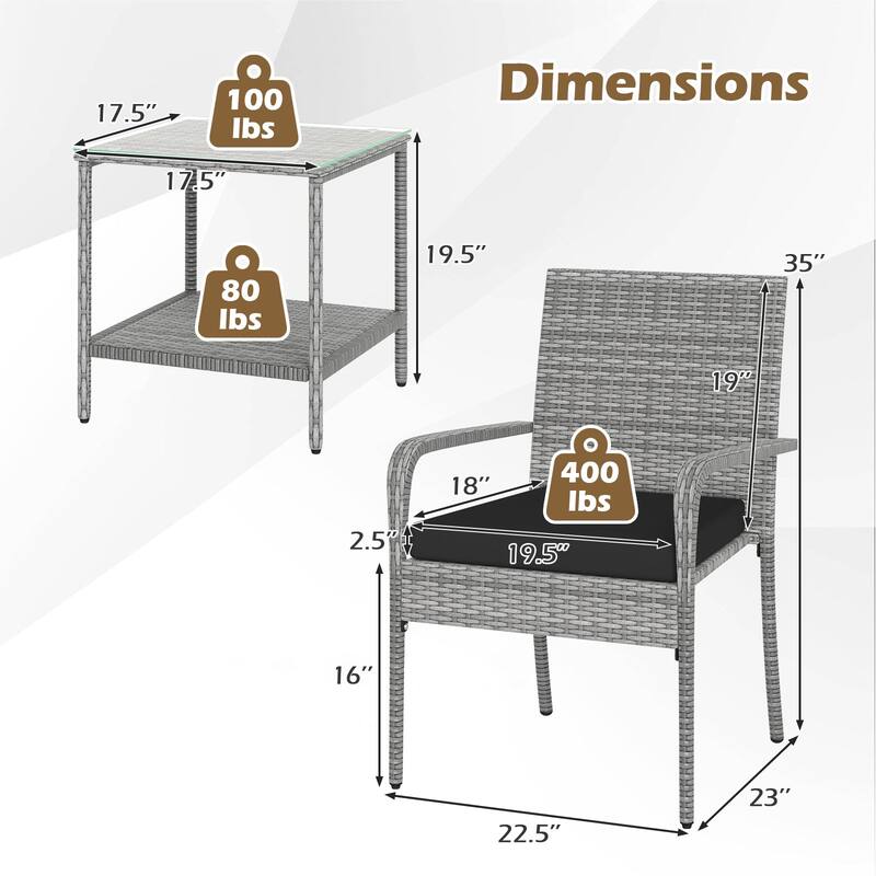 Gymax 3 Pieces Patio Furniture Set PE Rattan Porch Chairs w/ 2-Tier