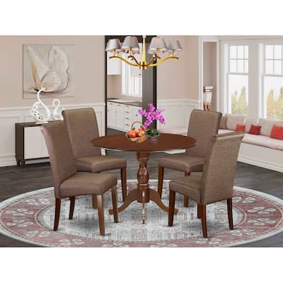 HomeStock 5-Piece Mahogany Finish Solid Wood Top Dining table with 4 Chairs with Drop Leaf Lattice Back
