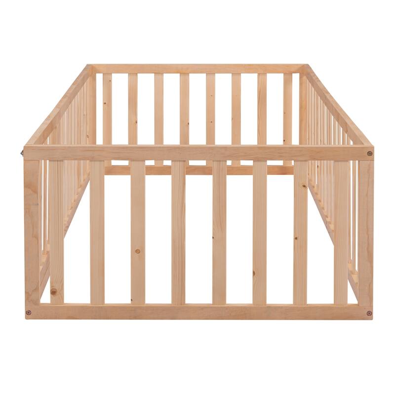Twin Size Wooden Floor Bed Frame with Fence and Door, Natural Finish