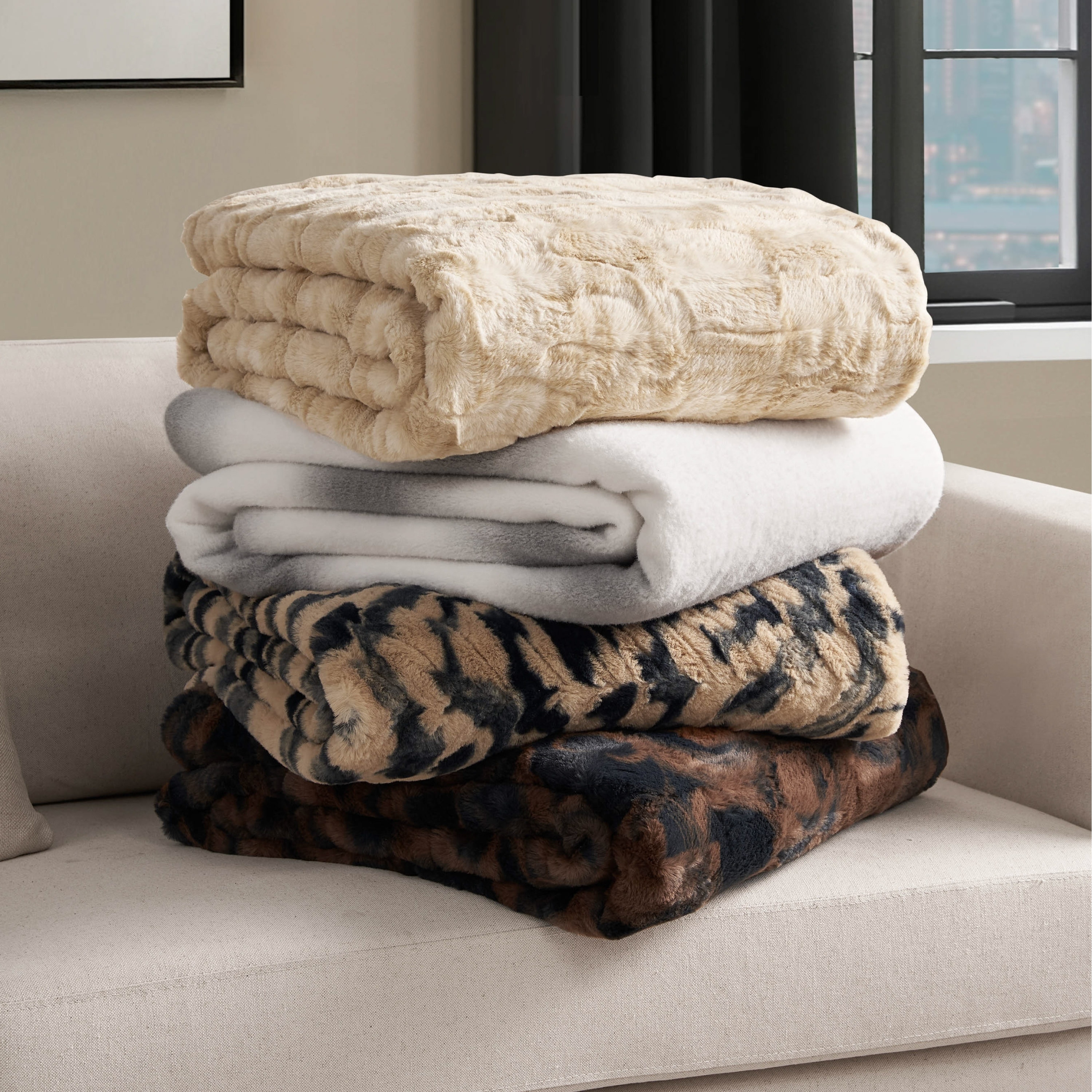 Nine West Travel Microfiber/Faux Fur Ombre Stripe Throw Blanket