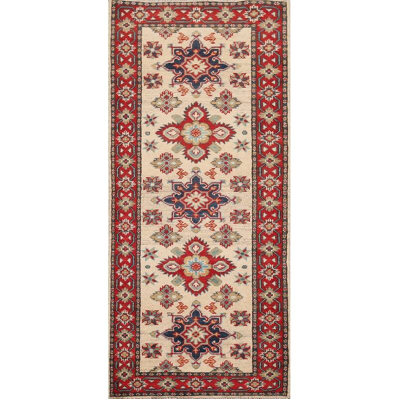 Geometric Kazak Runner Rug Hand-Knotted Beige Wool Carpet - 2'3" x 5'11"