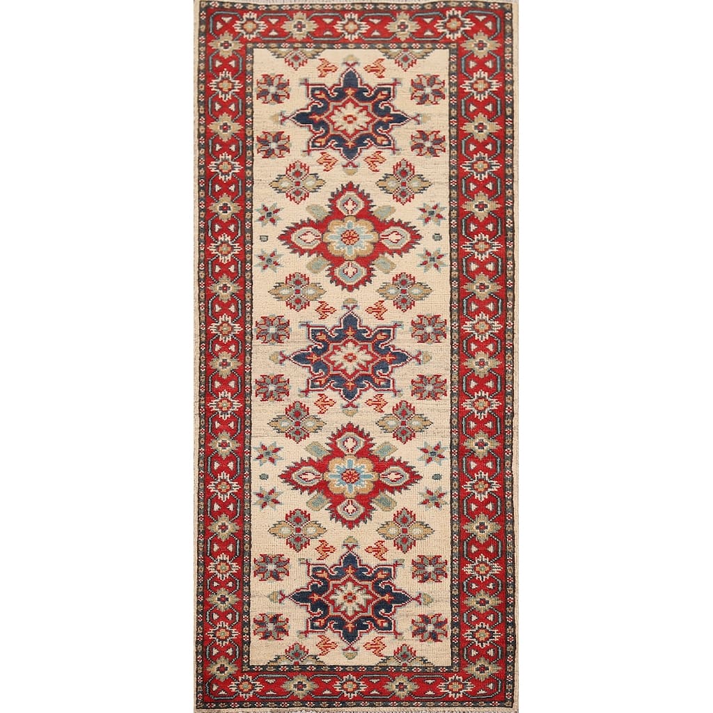 Geometric Kazak Runner Rug Hand-Knotted Beige Wool Carpet - 2'3" x 5'11"
