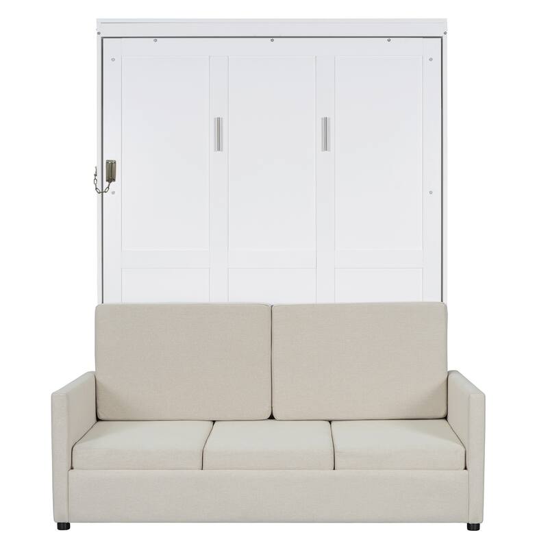 Multifunctional Full Size Wall Bed with Sofa and Storage, White/Gray