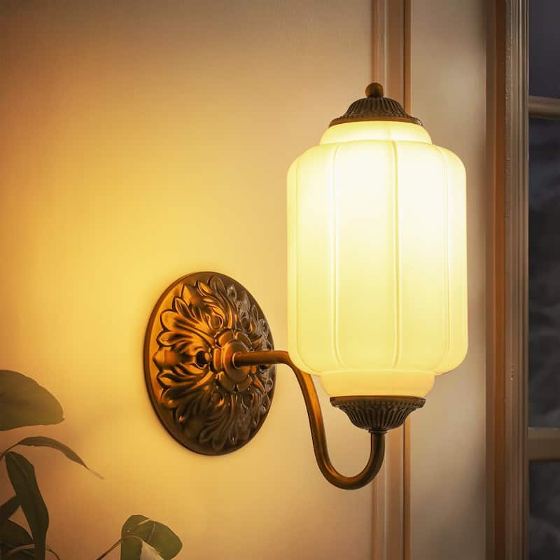 1-Light Vintage Aged Antique Brass Finish Lantern Shaped Wall Light with Milk/Green Glass for Bedroom, Hallways