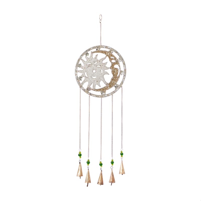 Silver Metal Indoor Outdoor Embellished Moon and Sun Windchime with Glass Beads and Bells - 10 x 1 x 31