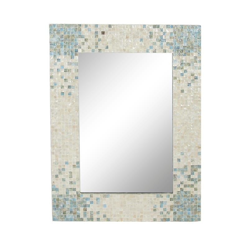 Mother of Pearl Shell Handmade Mosaic Wall Mirror with Blue Corners - Cream - Roche River Decor