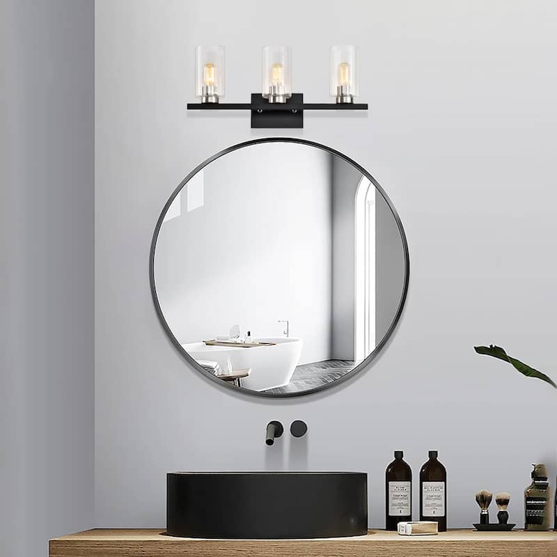 3-Light Black and Brushed Nickel Modern Vanity Light with Beveled Glass Shades - N/A