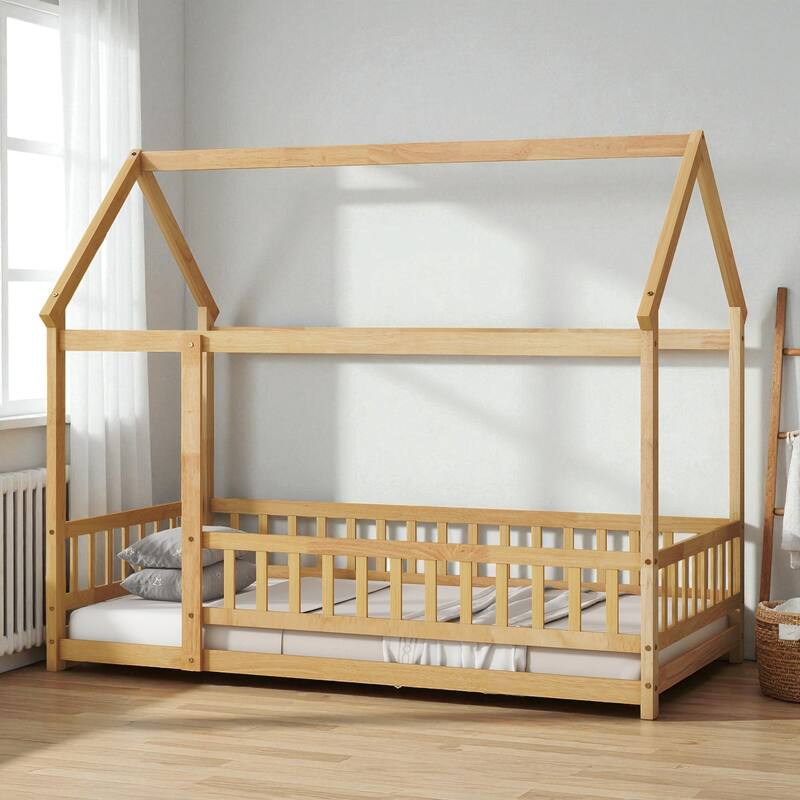 Twin Size Wooden House Floor Bed with Roof Frame and Safety Guardrails, Solid Rubber Wood Montessori Bed for Kids - Natural - Twin