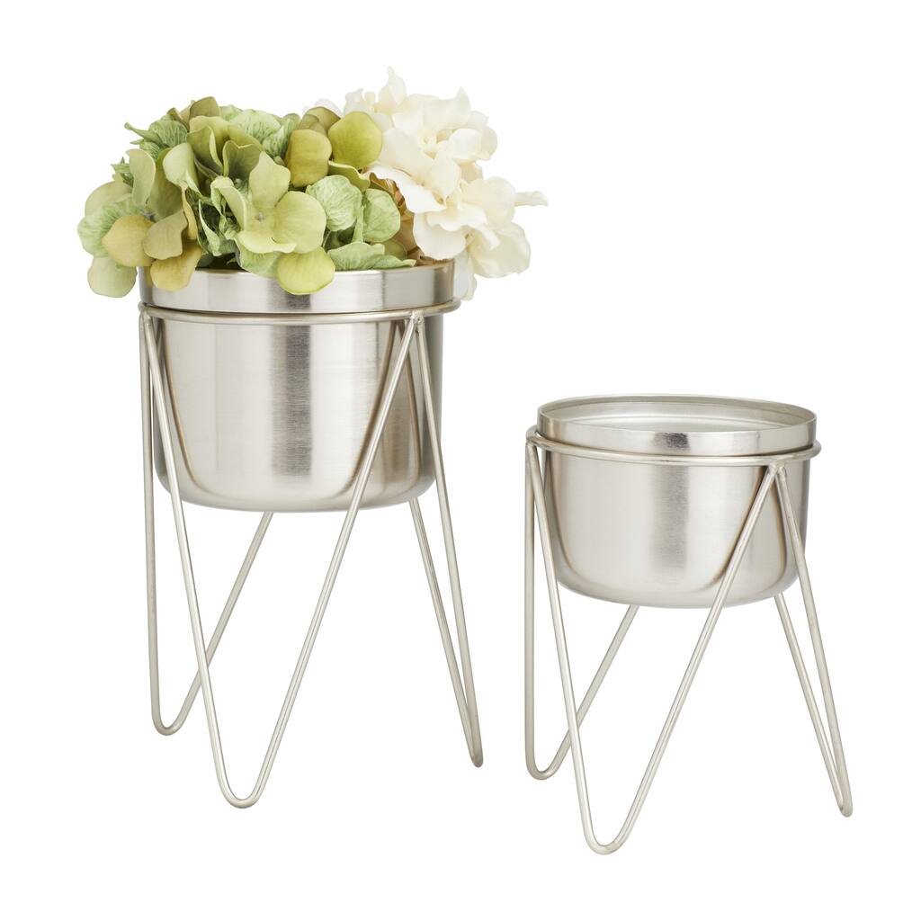 Metal Indoor Outdoor Planter with Removable Stand - Set of 2 Silver, Dark Gray, Gold - CosmoLiving by Cosmopolitan