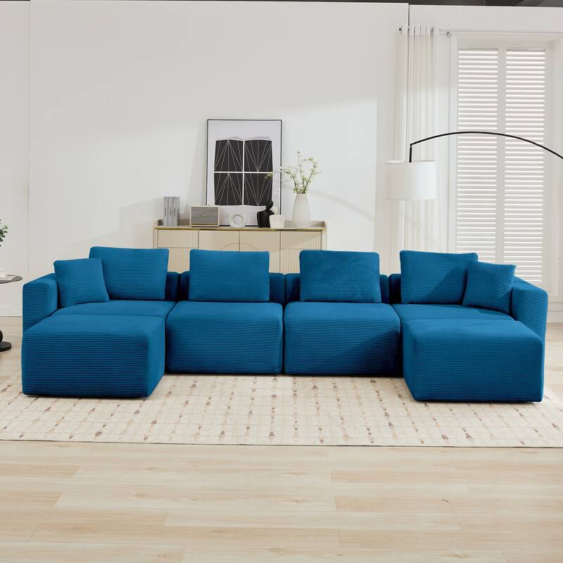 Corduroy Sectional Modular Sofa with Square Arms & Ottoman Extension for Flexible Arrangements