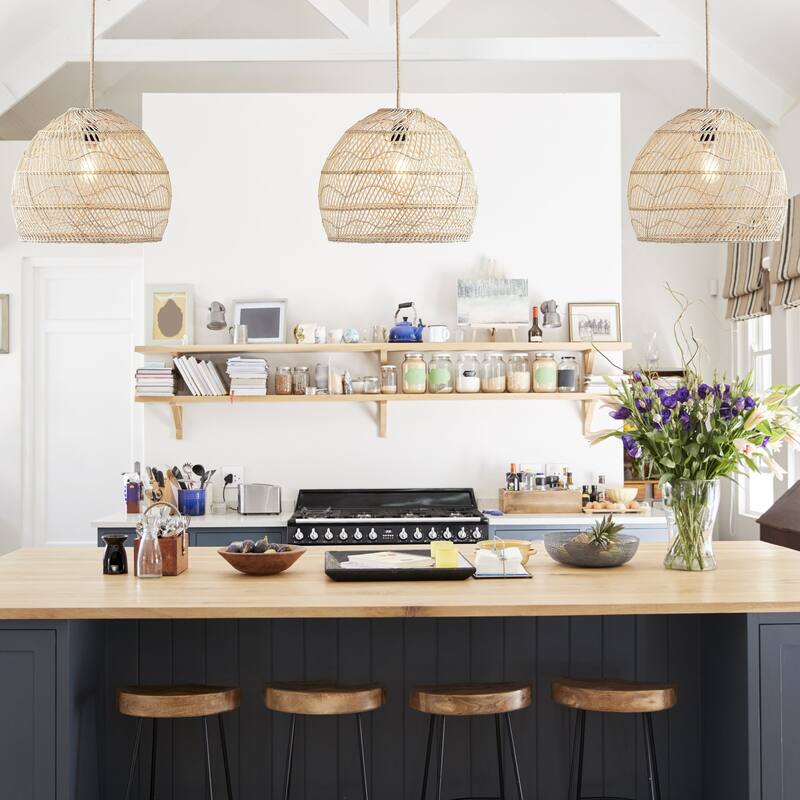 Santana Rattan Pendant Light - Natural Dome 1-Light Handwoven Light Fixture For Modern, Contemporary, Farmhouse Room Decor