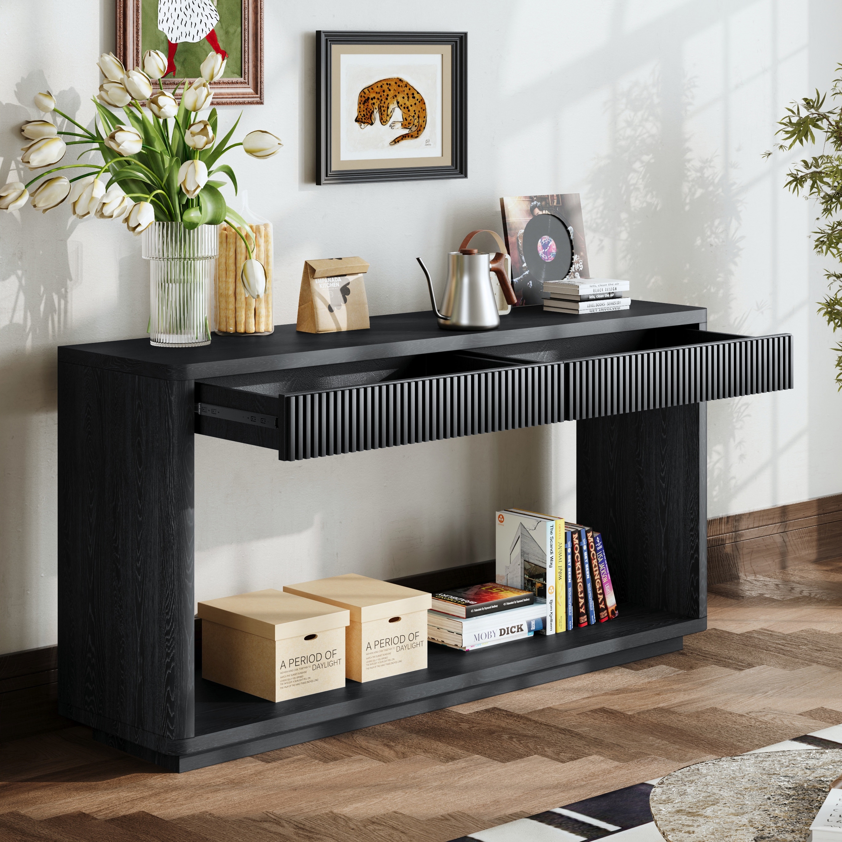 60" Modern 2-Drawer Fluted Console Table Natural Wood Veneer Sofa Table Behind Couch Table for Living Room