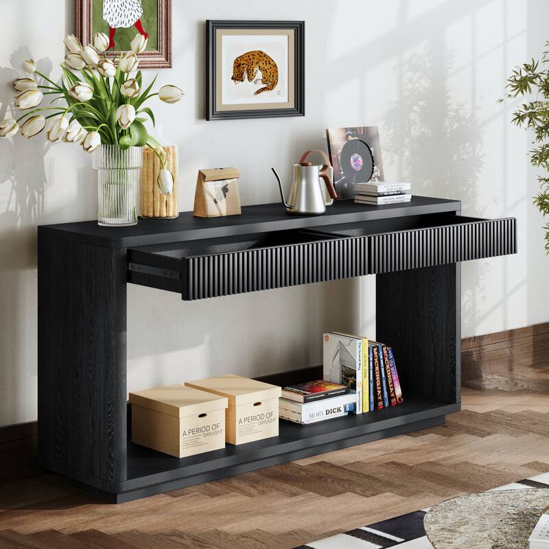 Modern Fluted Console Table with 2 Drawer, 60" Entryway Table Sofa Table Behind Couch with Open Storage for Living Room - Black