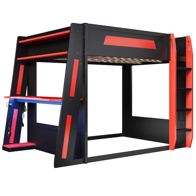 Queen Size Gaming Bunk Bed Gaming Loft Bed with Built-In Gaming Station Cable Management for Gamer Gaming Hotel Gaming Suite