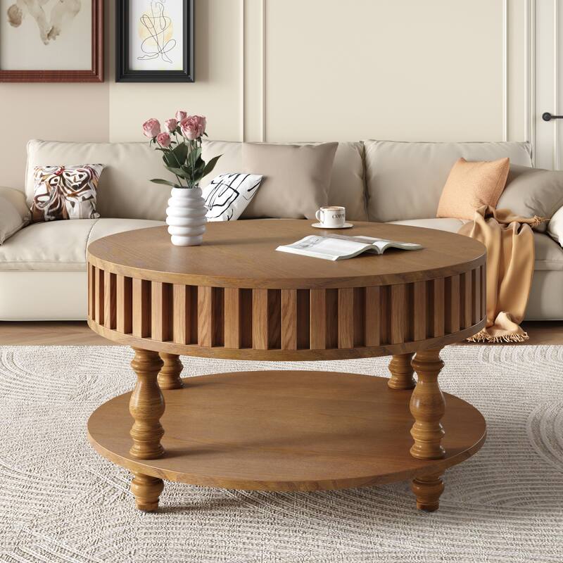 31.5" Farmhouse Round Fluted Coffee Table with Flip-Top Lids and Spacious Hidden Storage