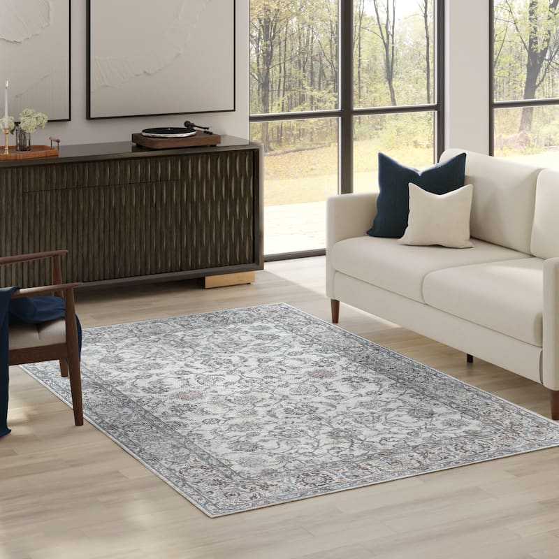 Thomasville Emporia Industrial Old World Chenille Machine Washable Non-Slip Flat Pile Area Rug Collection - Lianne Ivory - 5'x7' - Rectangle