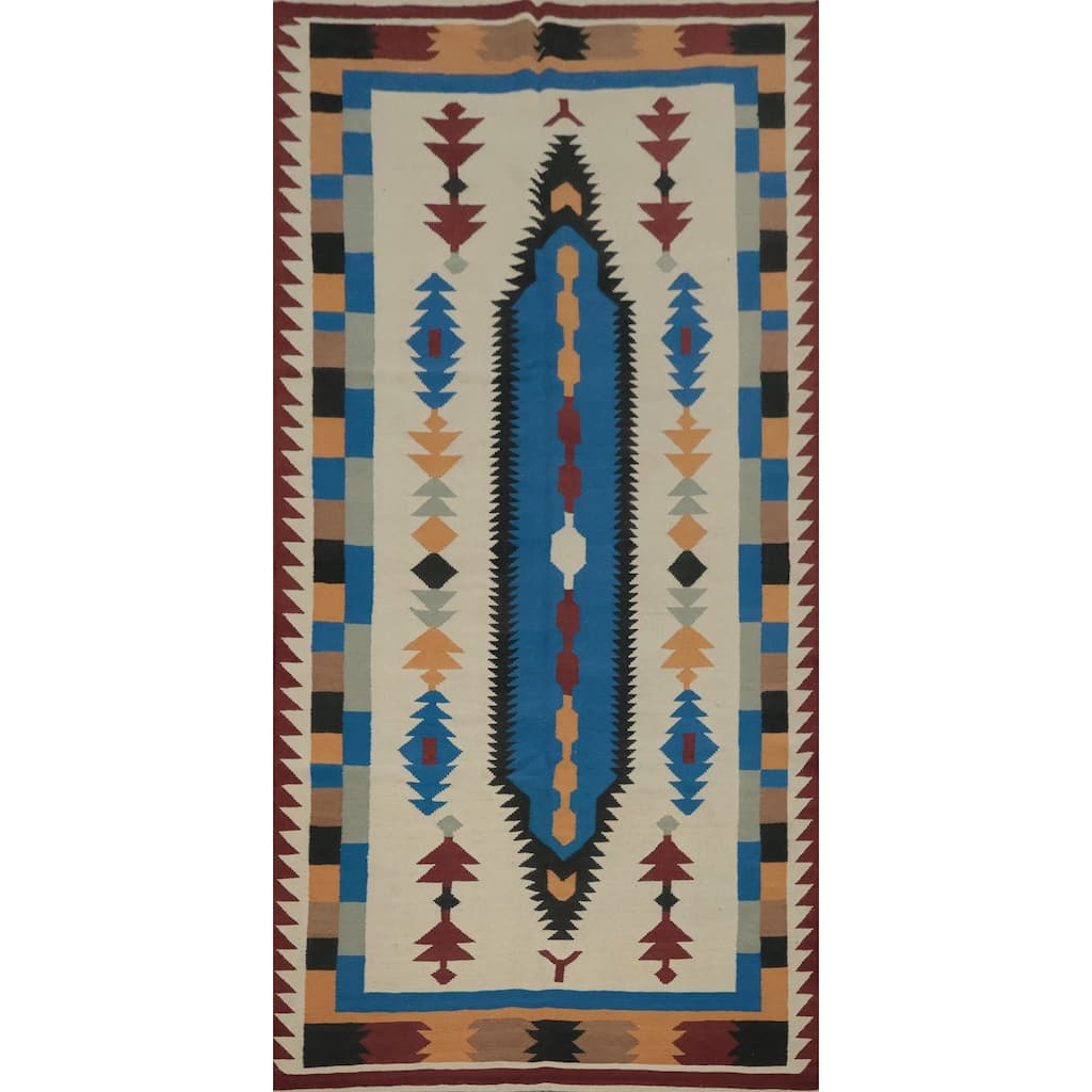 Hand Woven Oriental 100% Wool Carpet Southwestern Tribal Beige & Ivories Kilim Area Rug - 12' 3'' X 5' 5''