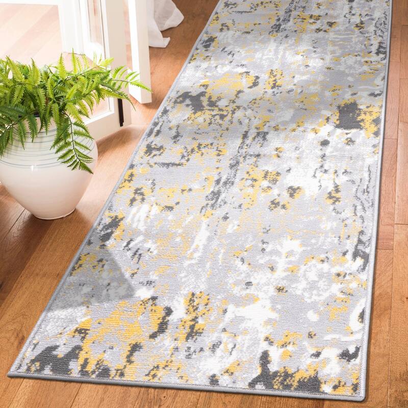 World Rug Gallery Distressed Modern Abstract Area Rug - 2' x 7' - Yellow - Runner/Rectangle
