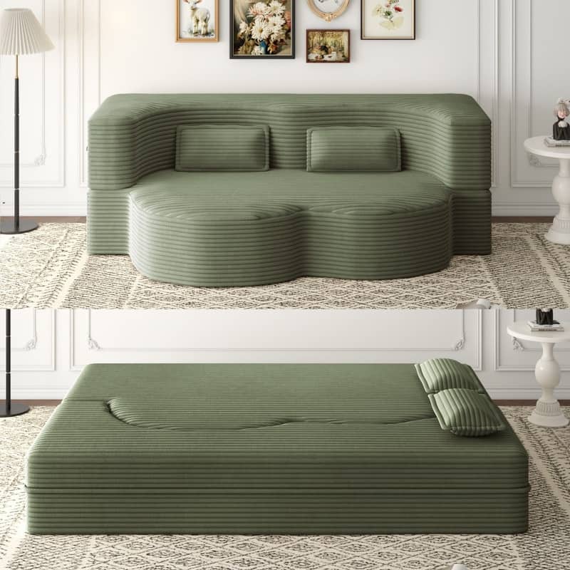 Modern 78" Full Size Convertible Corduroy Foam-Filled Sleeper Sofa,Modern Floor Sofa with 2 Pillows