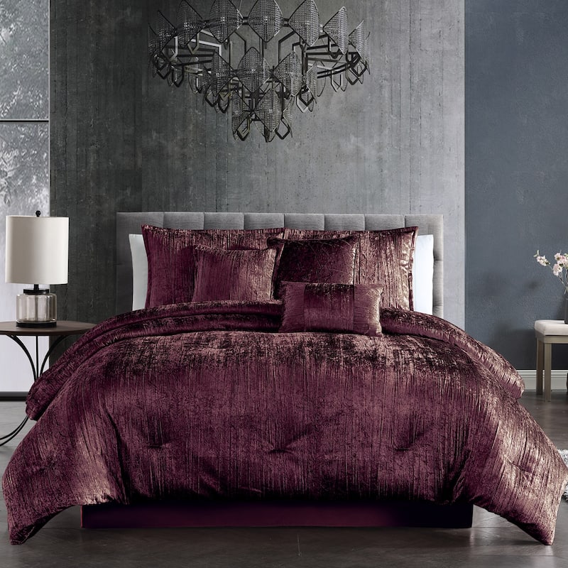 Riverbrook Home Turin Crinkled Velvet Comforter Collection - Plum - King - 7 Piece