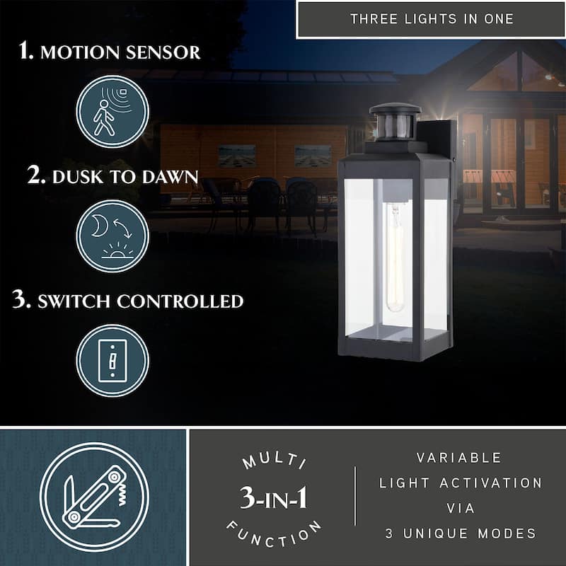 Kinzie Black Motion Sensor Dusk to Dawn Outdoor Wall Light Clear Glass