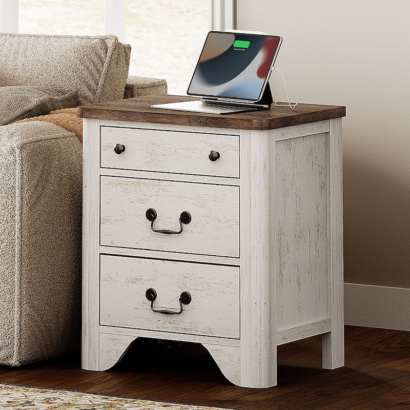 Farmhouse Nightstand with Charging Station, Modern Wood Nightstand - white - 3-drawer
