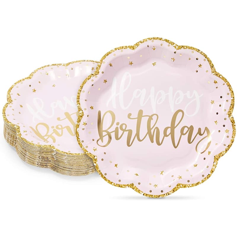 Pink Happy Birthday Party Plates with Gold Glitter Edges (9 In, 48 Pack ...