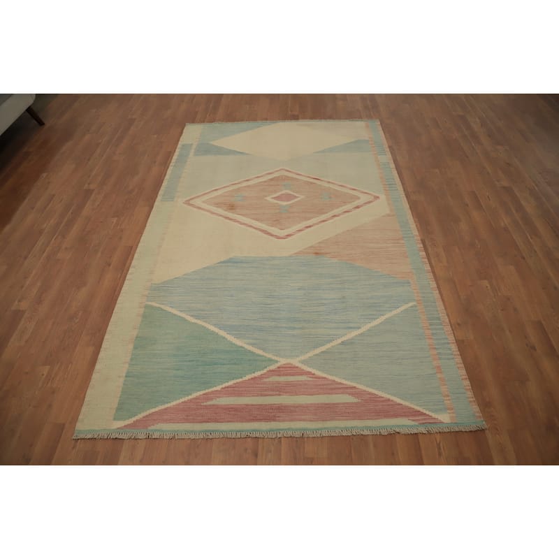 Hand Woven Oriental 100% Wool Carpet Southwestern Modern Navy Blue & Blues Kilim Area Rug - 7' 11'' X 5' 0''